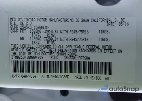 2016 Toyota Tacoma Sr5 z USA, uszkodzony, nr VIN 3TMBZ5DN1GM004938